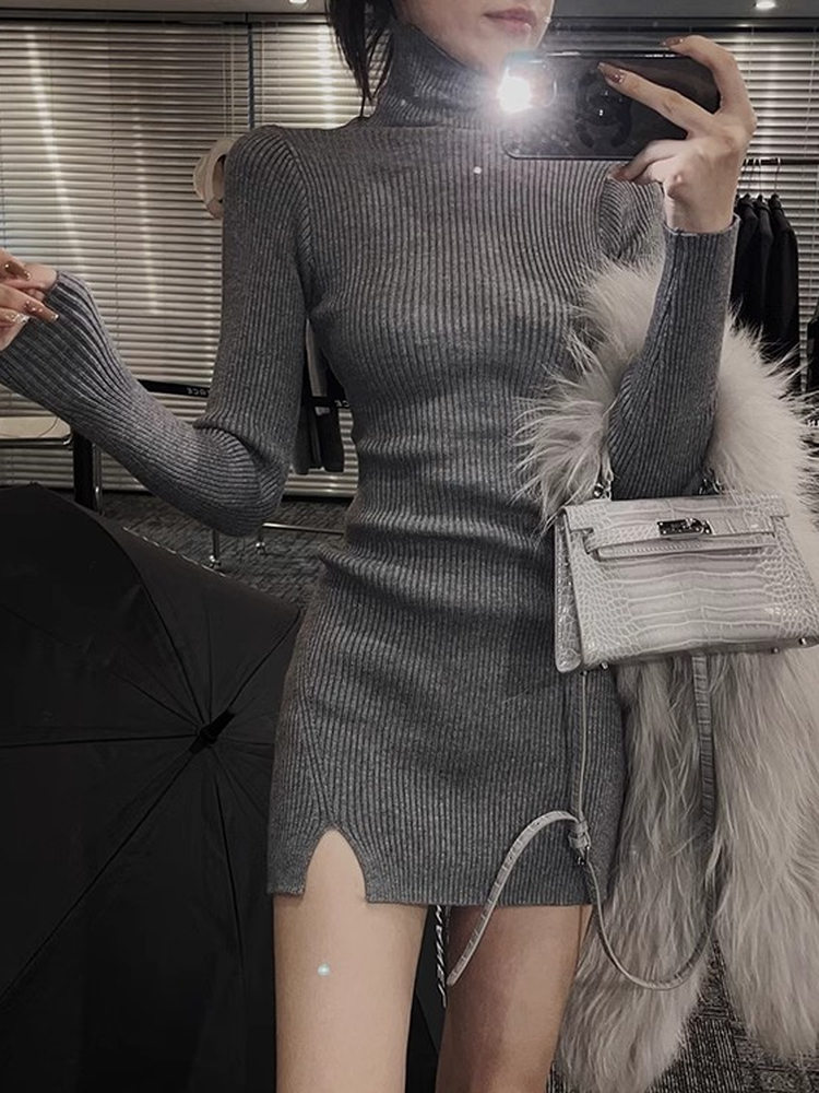 Bodycon Long Sleeve Ribbed Dress - Vestido curto feminino bodycon de malha,