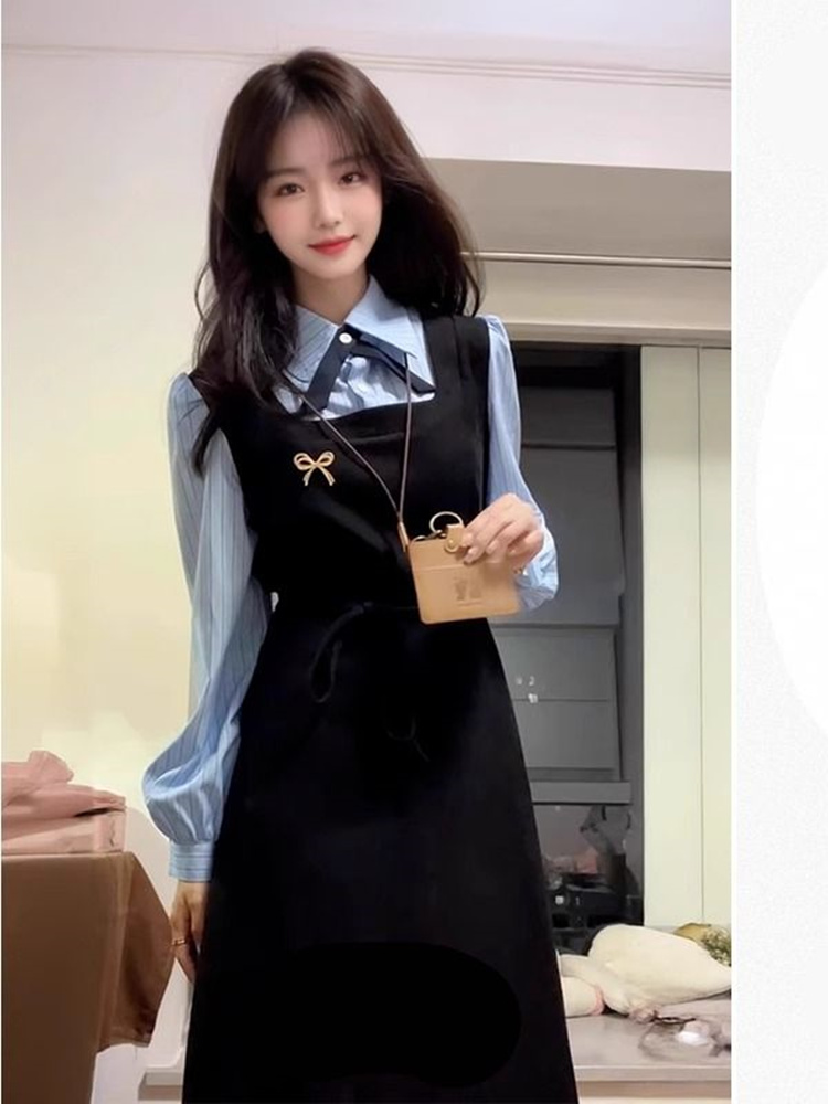 Korean Style A Line Shirt Dress - Vestido Camisa Elegante Preto Estilo Colegial