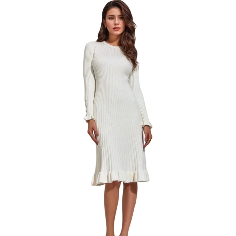 Bodycon Long Sleeve Ribbed Dress - Vestido bodycon feminino de malha canelada
