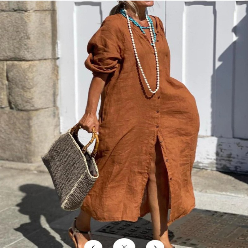 Casual Loose Linen Shirt Dress - Vestido Feminino Elegante de Algodão e