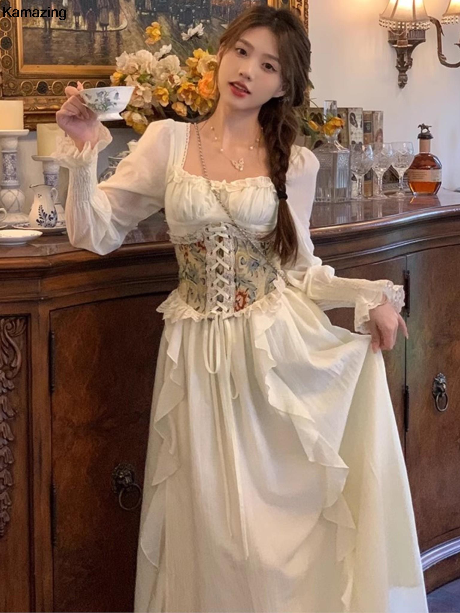 French Vintage Floral Midi Dress - Vestido Midi de espartilho francês vintage