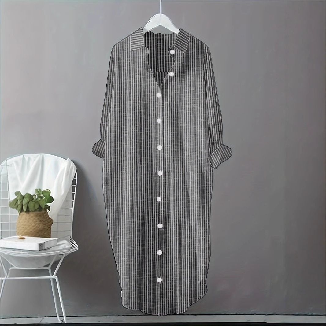 Casual Loose Linen Shirt Dress - Vestido Camisa Listrado de Algodão e