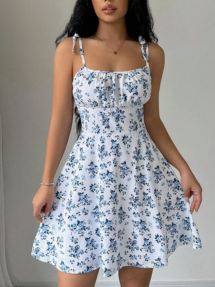 French Vintage Floral Midi Dress - Vestido curto de praia com alça