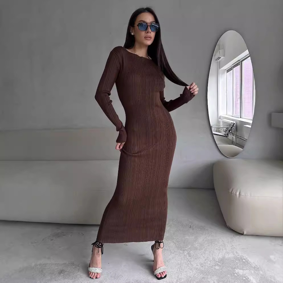 Bodycon Long Sleeve Ribbed Dress - Vestido Feminino Elegante de Manga Longa
