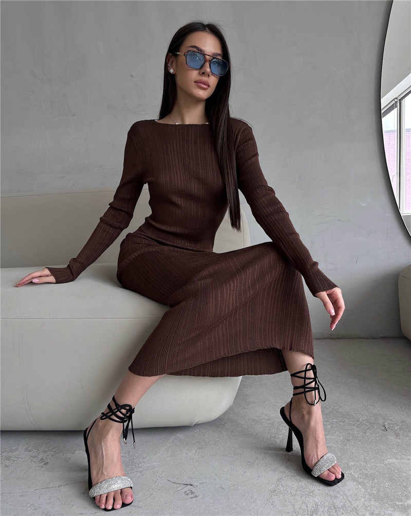 Bodycon Long Sleeve Ribbed Dress - Vsstiar nova moda com nervuras de