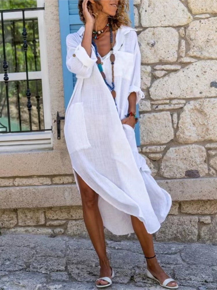 Casual Loose Linen Shirt Dress - Vestido camisa feminina branca cor sólida