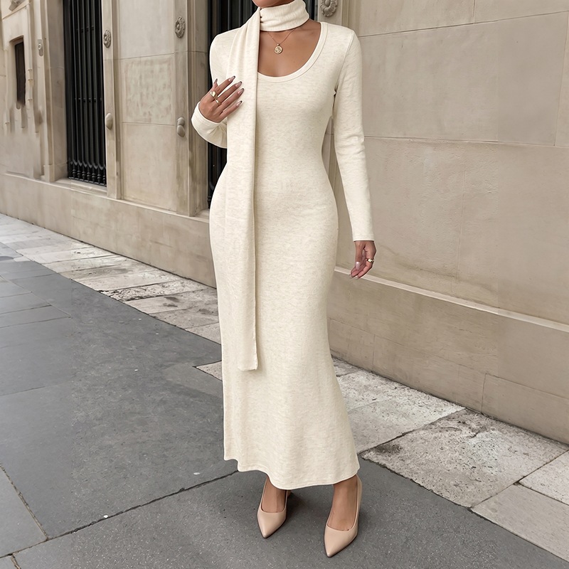 Bodycon Long Sleeve Ribbed Dress - Vestido Maxi de Malha Canelada Elegante