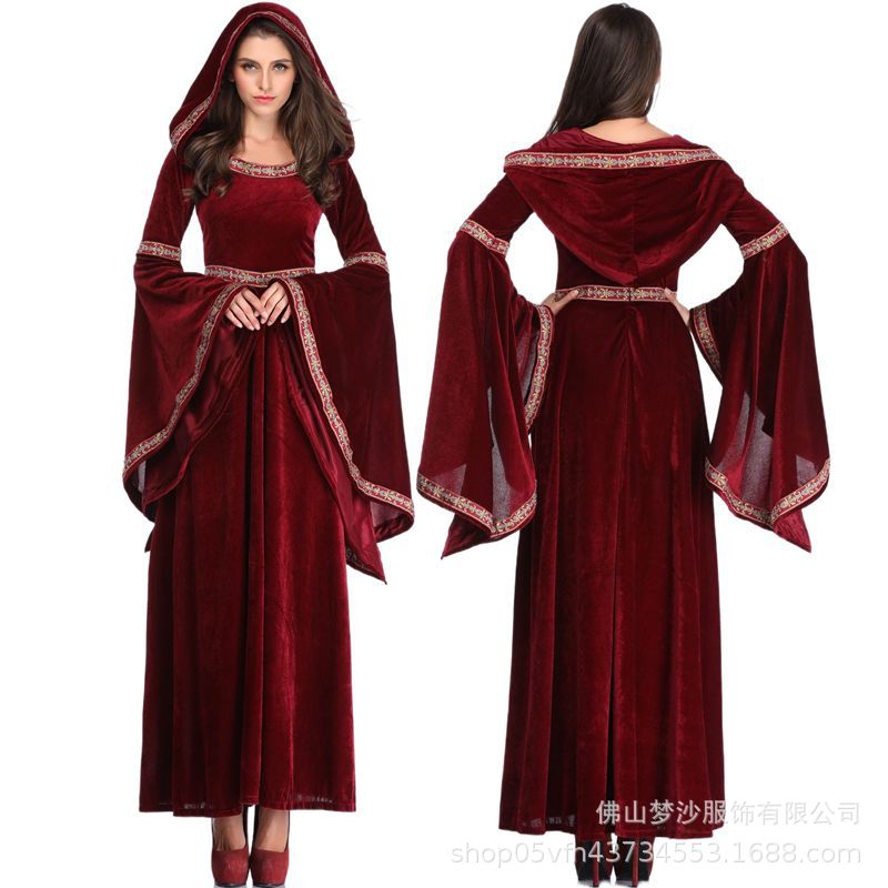 Dresses - Vestido medieval renascentista bordô para mulher,