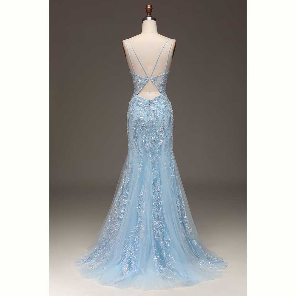 Elegante luz azul cetim femini - Elegant Satin Evening Gown Split avaliação e preço