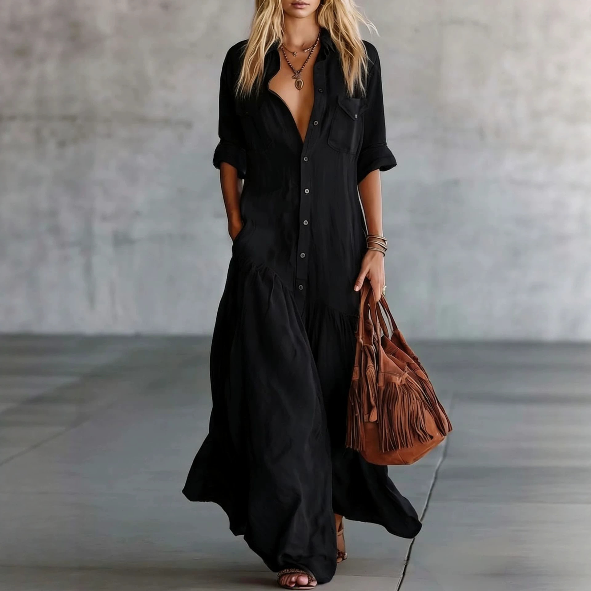 Vestido Camisa Maxi Feminino d - Casual Loose Linen Shirt Dress avaliação e preço