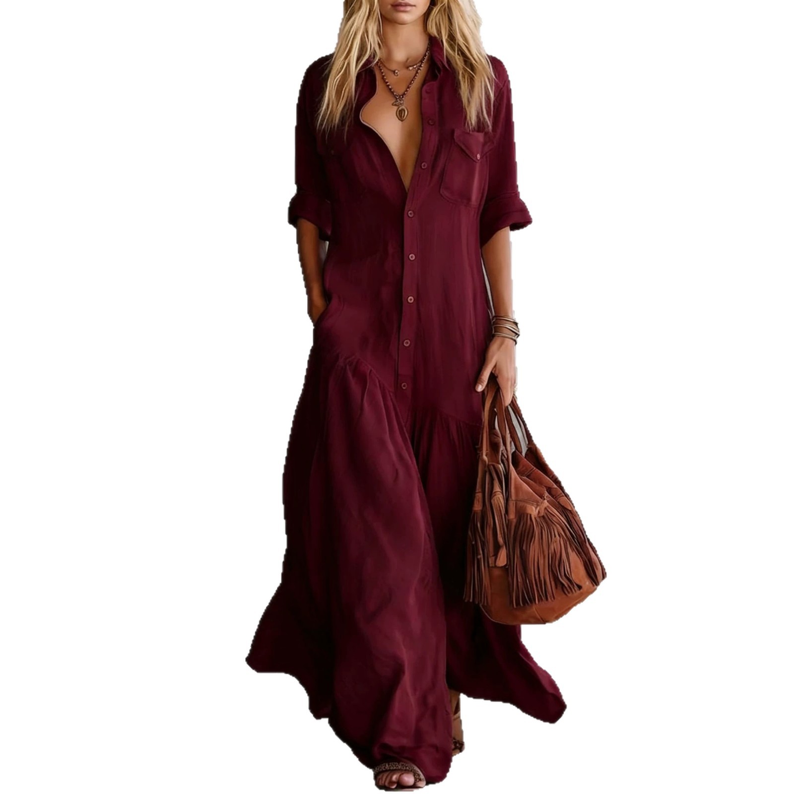 Vestido Camisa Maxi Feminino d - Casual Loose Linen Shirt Dress avaliação e preço