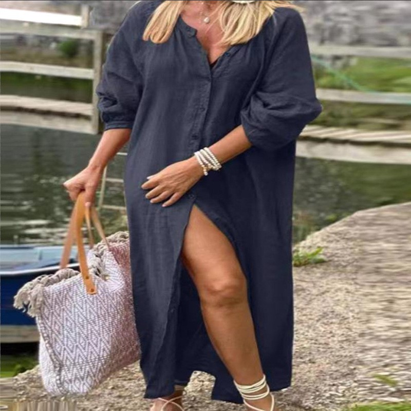 Vestido Feminino Elegante de A - Casual Loose Linen Shirt Dress avaliação e preço