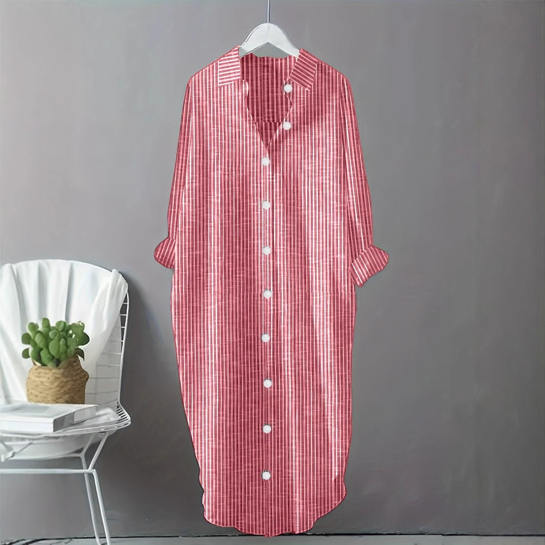 Vestido Camisa Listrado de Alg - Casual Loose Linen Shirt Dress avaliação e preço