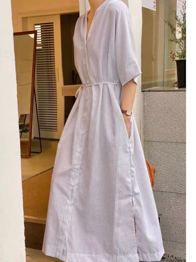 Verão vintage listrado camisa  - Casual Loose Linen Shirt Dress avaliação e preço