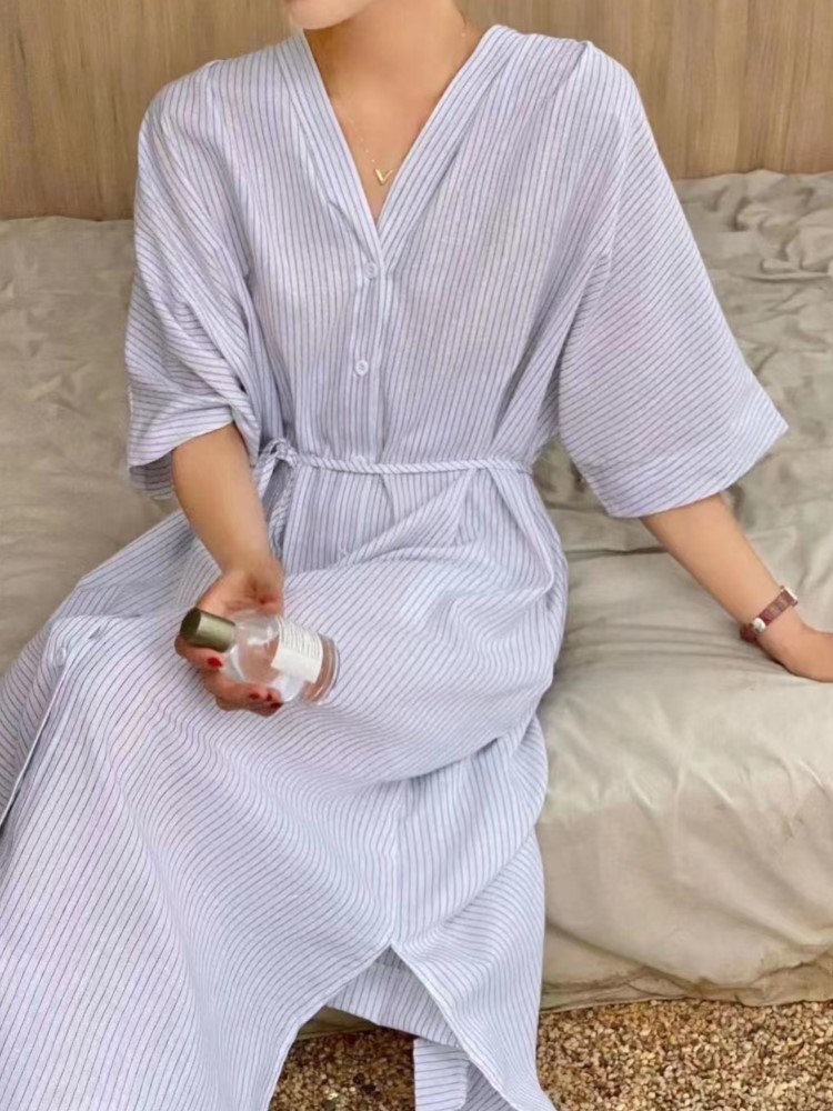 Verão vintage listrado camisa  - Casual Loose Linen Shirt Dress avaliação e preço