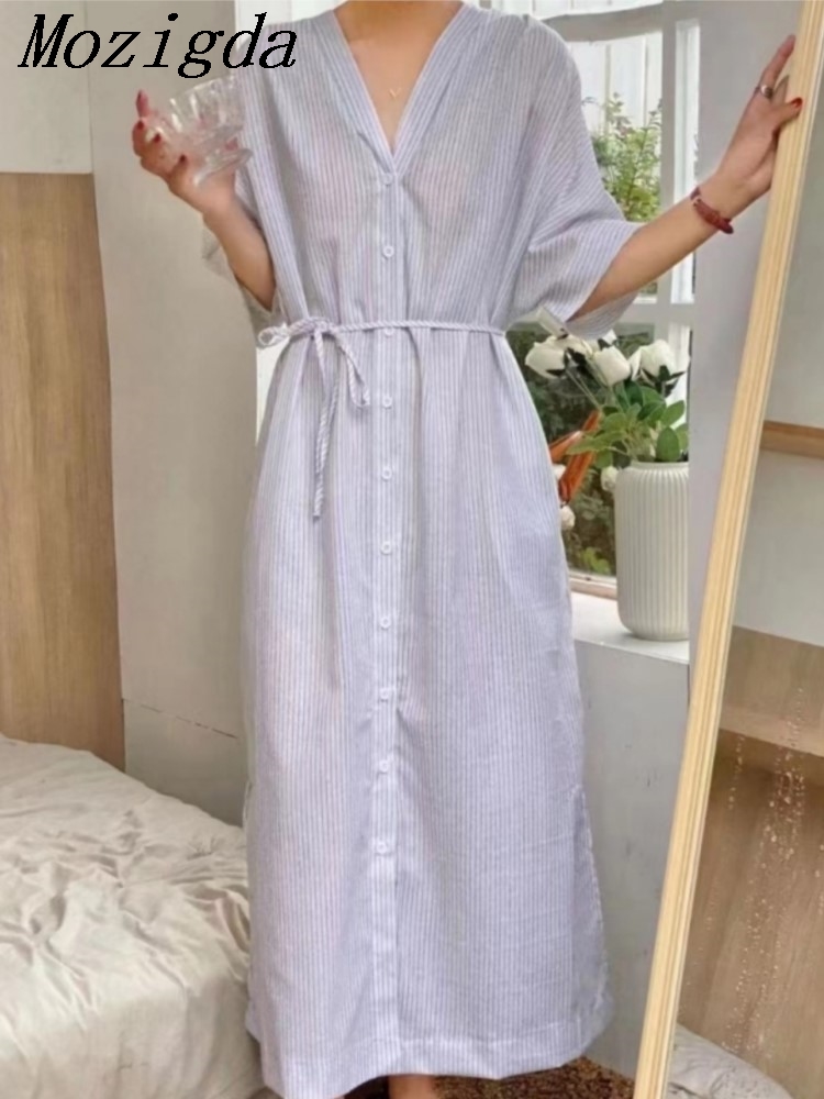 Verão vintage listrado camisa  - Casual Loose Linen Shirt Dress avaliação e preço