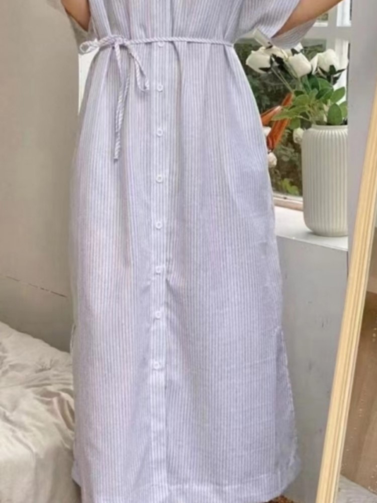 Verão vintage listrado camisa  - Casual Loose Linen Shirt Dress avaliação e preço