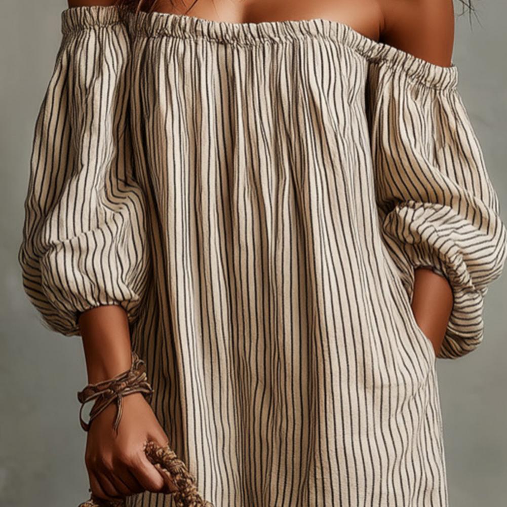 Vestido Maxi Listrado de Verão - Off Shoulder Puff Sleeve Sundress avaliação e preço