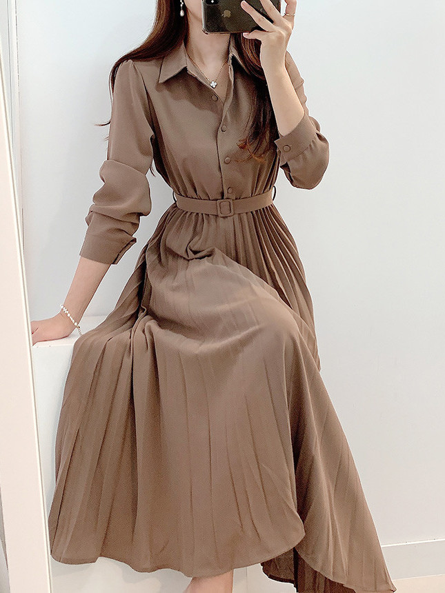 Vestido Chemise Longo Plissado - Korean Style A Line Shirt Dress avaliação e preço