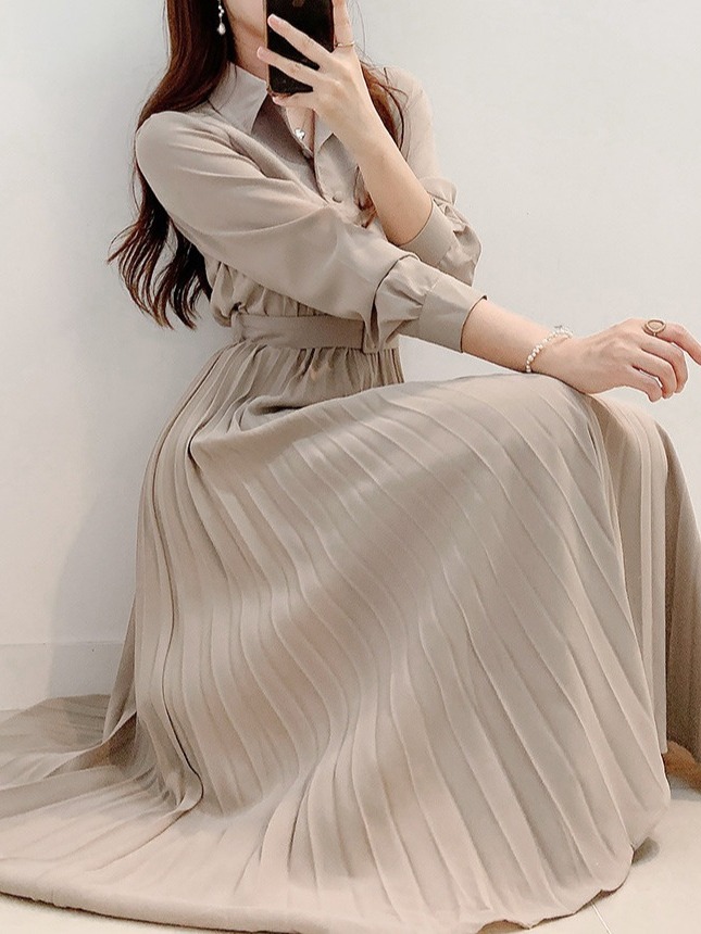 Vestido Chemise Longo Plissado - Korean Style A Line Shirt Dress avaliação e preço