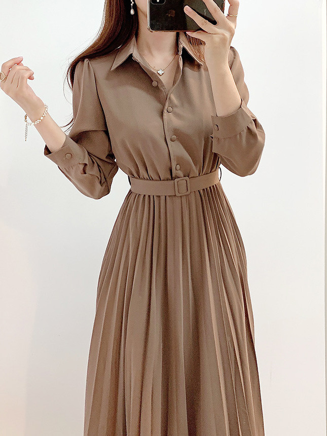 Vestido Chemise Longo Plissado - Korean Style A Line Shirt Dress avaliação e preço