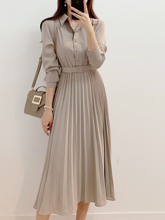 Vestido Chemise Longo Plissado - Korean Style A Line Shirt Dress avaliação e preço