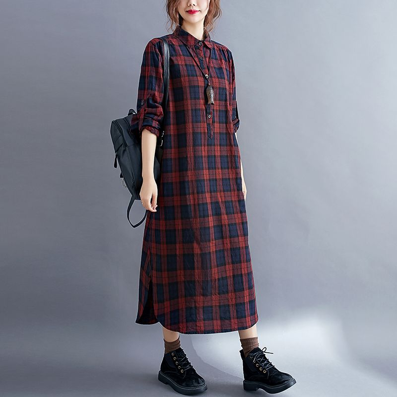 Vestido Casual Xadrez de Manga - Korean Style A Line Shirt Dress avaliação e preço