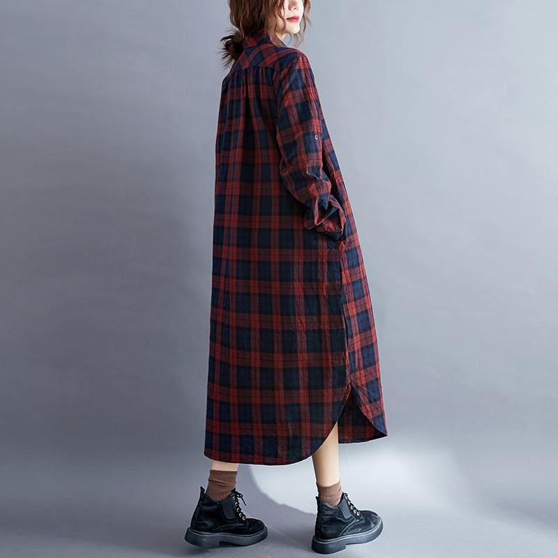 Vestido Casual Xadrez de Manga - Korean Style A Line Shirt Dress avaliação e preço