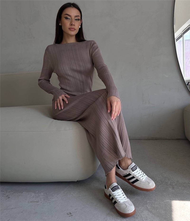 Vsstiar nova moda com nervuras - Bodycon Long Sleeve Ribbed Dress avaliação e preço