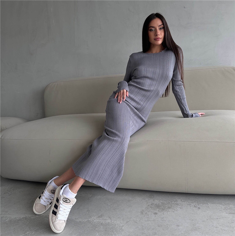 Vsstiar nova moda com nervuras - Bodycon Long Sleeve Ribbed Dress avaliação e preço