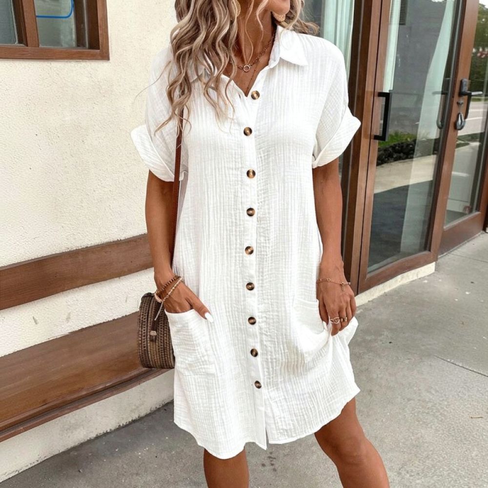 Vestido camisa feminino com de - Casual Loose Linen Shirt Dress avaliação e preço