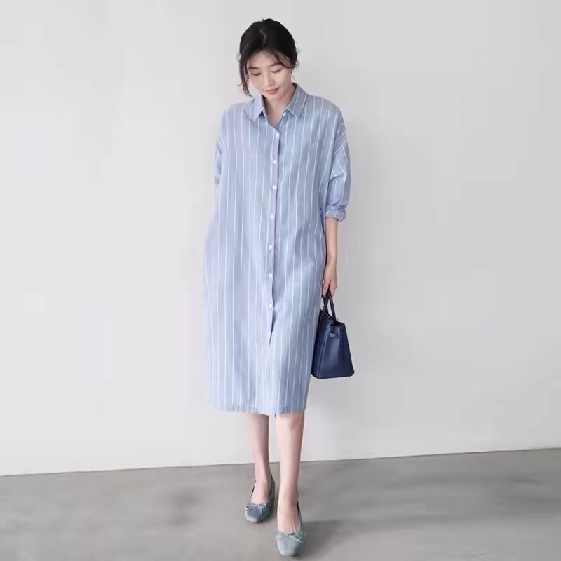 Vestido Camisa Listrado Azul F - Korean Style A Line Shirt Dress avaliação e preço