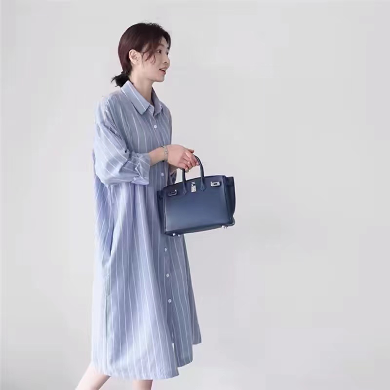 Vestido Camisa Listrado Azul F - Korean Style A Line Shirt Dress avaliação e preço