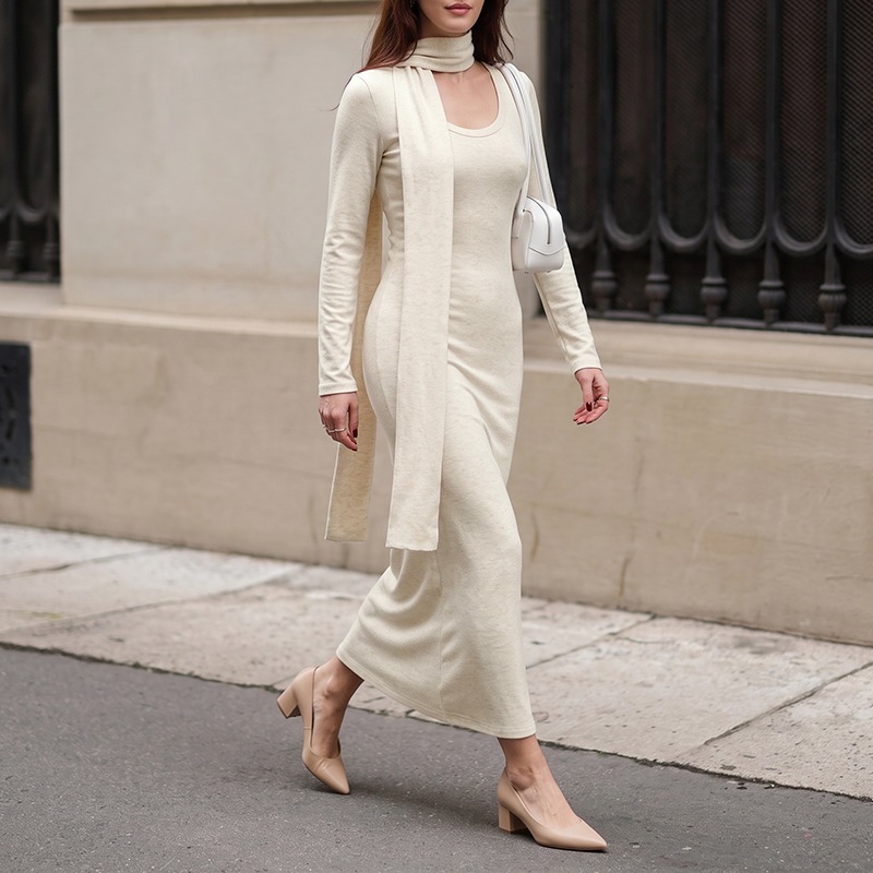 Vestido Maxi de Malha Canelada - Bodycon Long Sleeve Ribbed Dress avaliação e preço